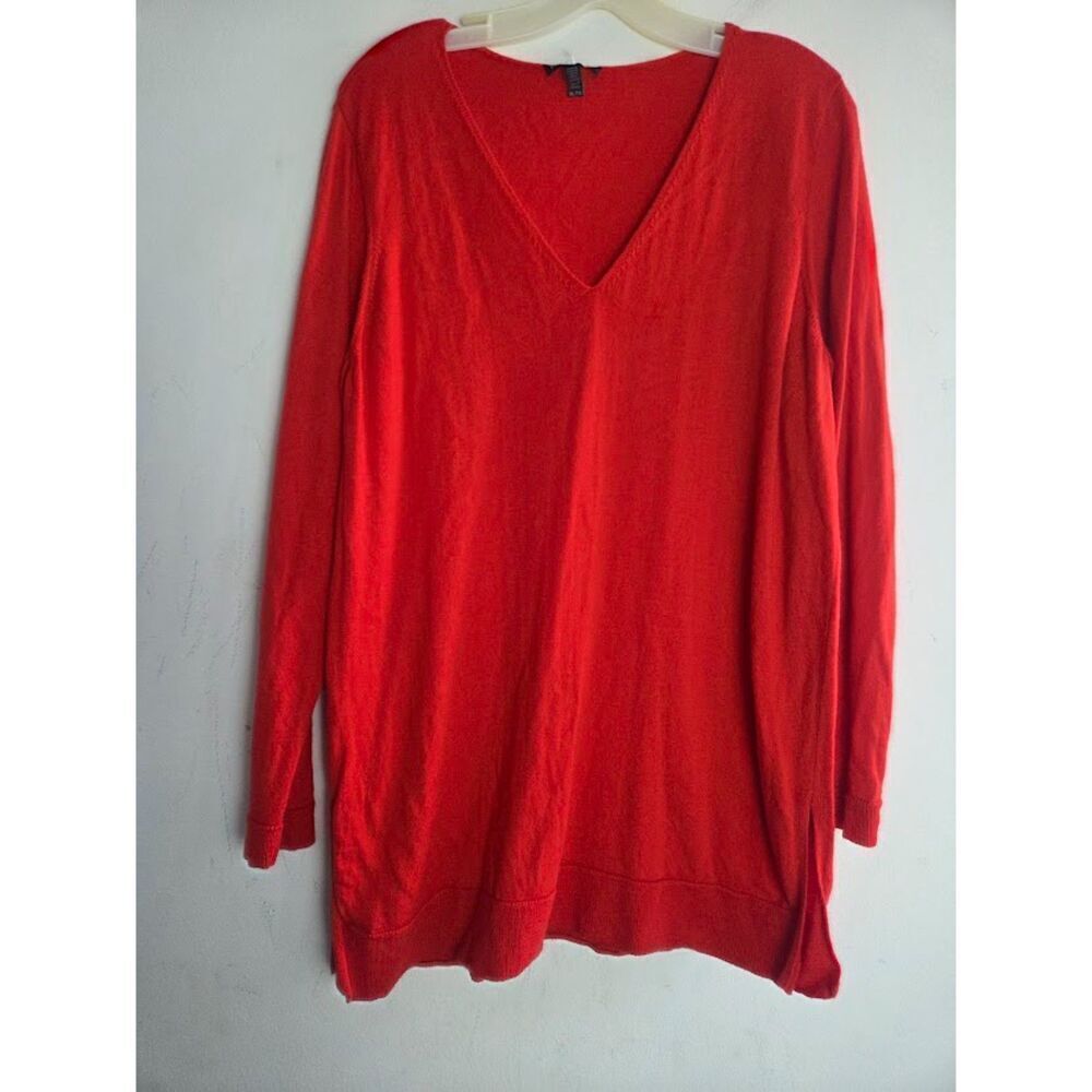 Eileen Fisher Red V-Neck Boxy 100% Merino Wool Knit Tunic Sweater size XL